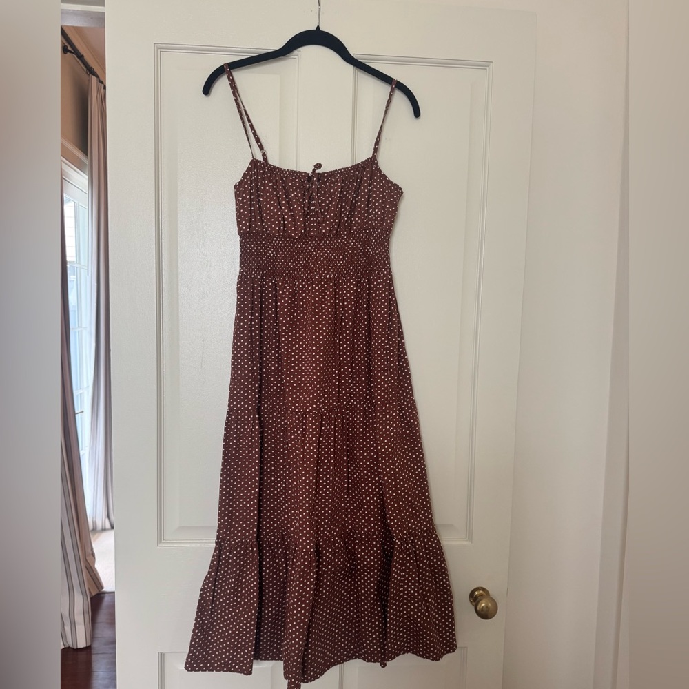 Faithfull the Brand Midi Brown and White Polka Dot Midi Dress